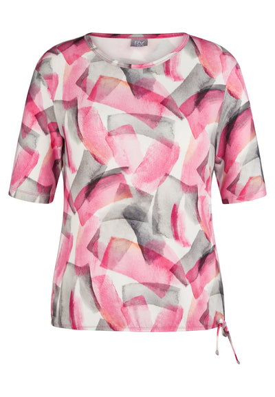 Pink & Grey Abstract Print T-Shirt with Hem Tie Detail