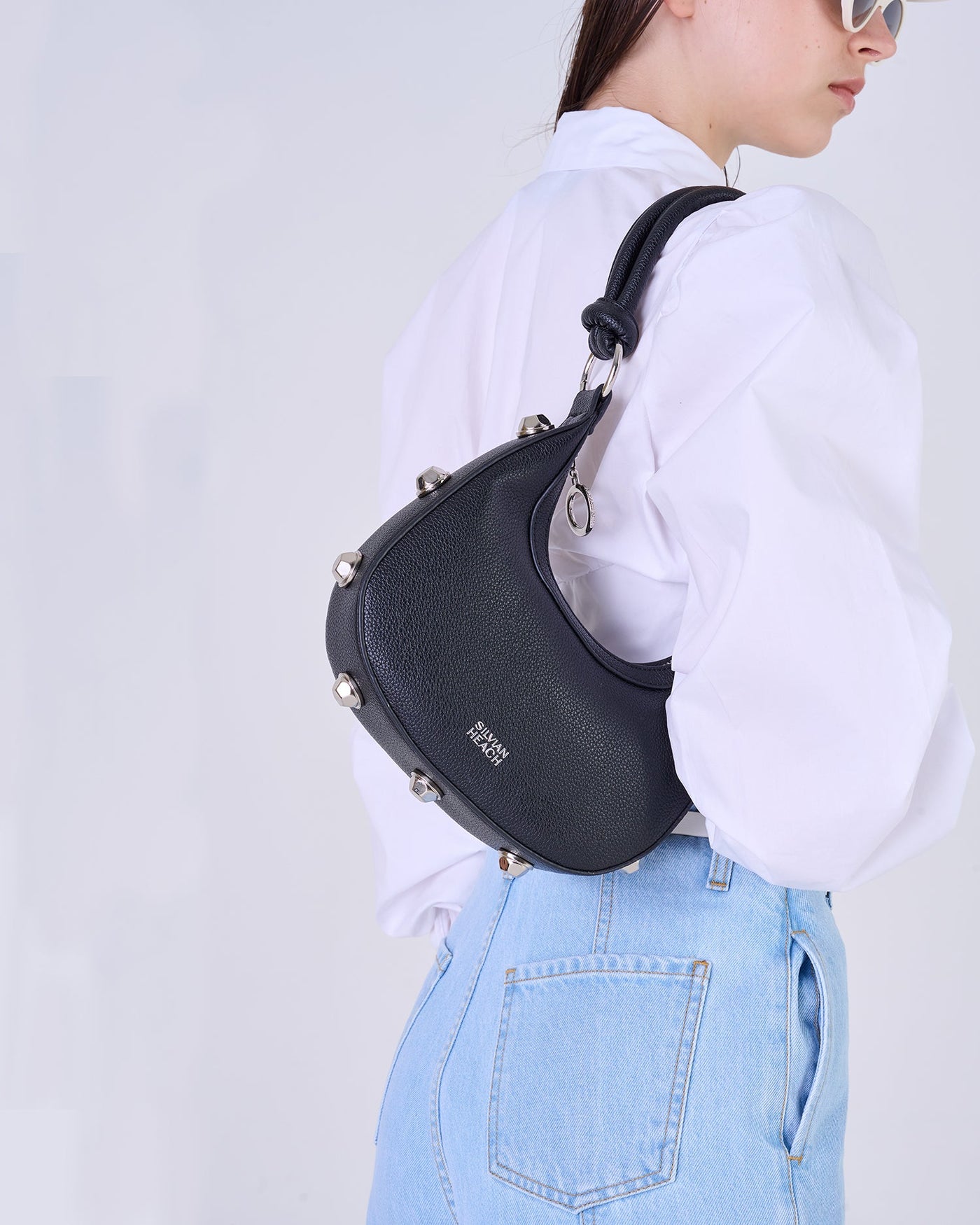 Black Handbag With Silver Studs & Shoulder Strap Detailing