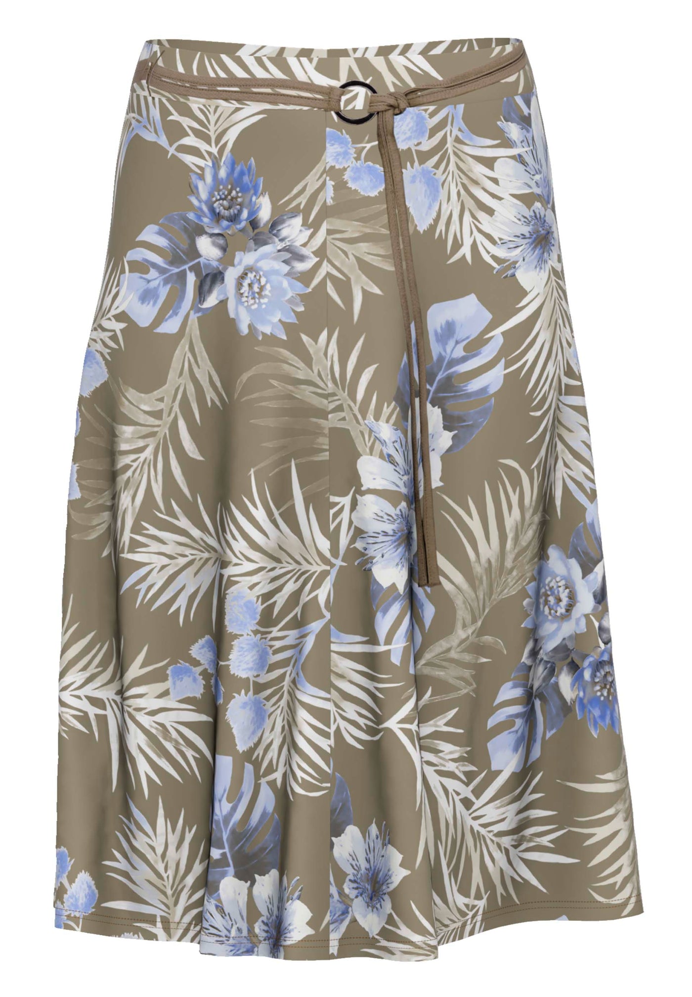 Brown/Blue/Beige Abstract Floral Print Skirt With Rope Belt Detailing