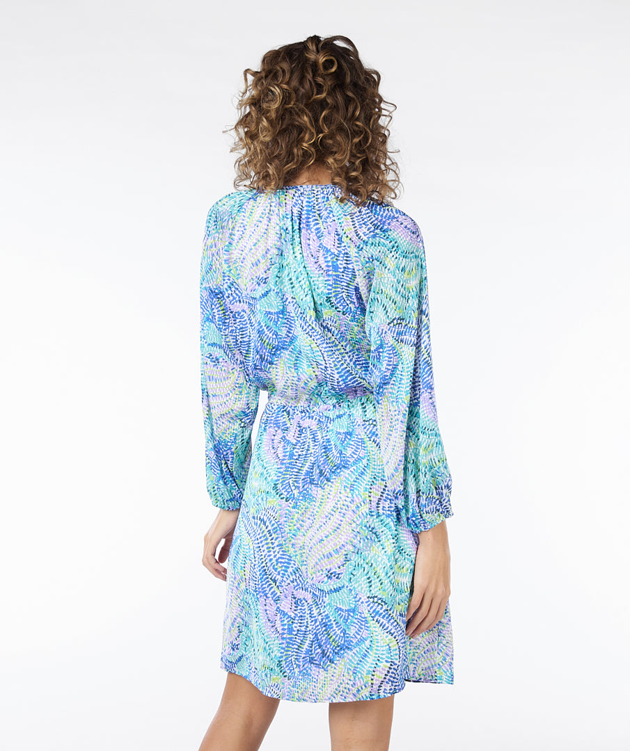 Blue Green & White Abstract Print Dress with Tie Waist