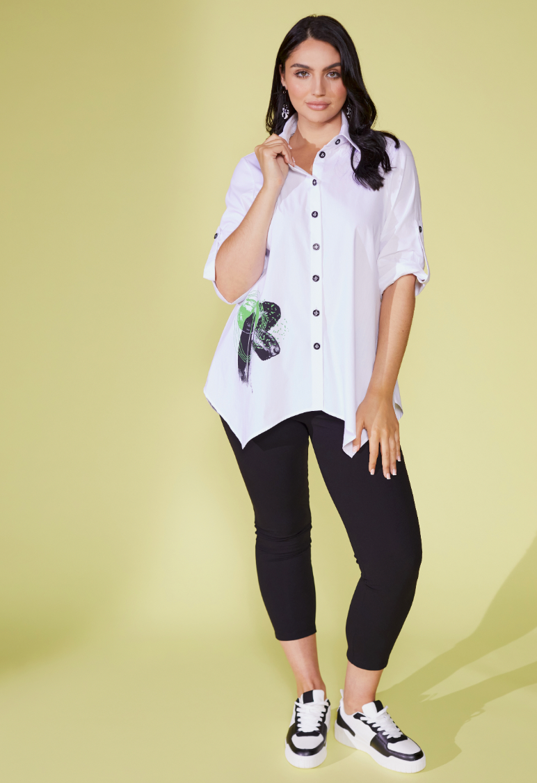 White Shirt with Black and Green Graphic Print
