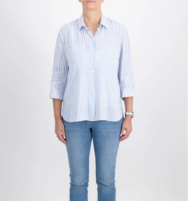 Light Blue & White Striped High Low Shirt with Pockets
