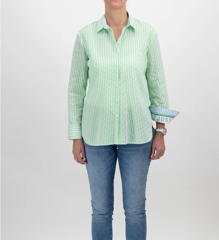 Green & White Striped Shirt with Blue Striped Cuff