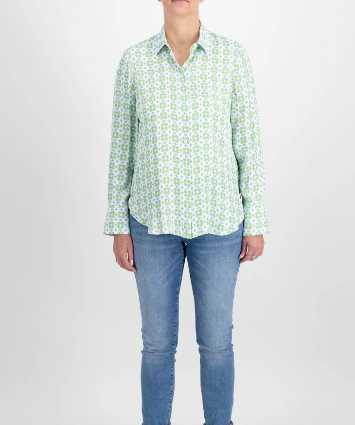 Blue and Green Buttoned Up Shirt with Clover Print