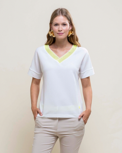 Off White V-Neck T-shirt with Neon Green Detail