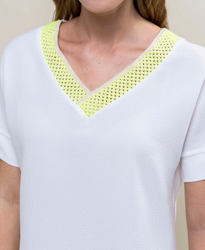 Off White V-Neck T-shirt with Neon Green Detail