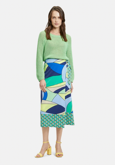 Blue & Green Abstract Print Skirt With Tie