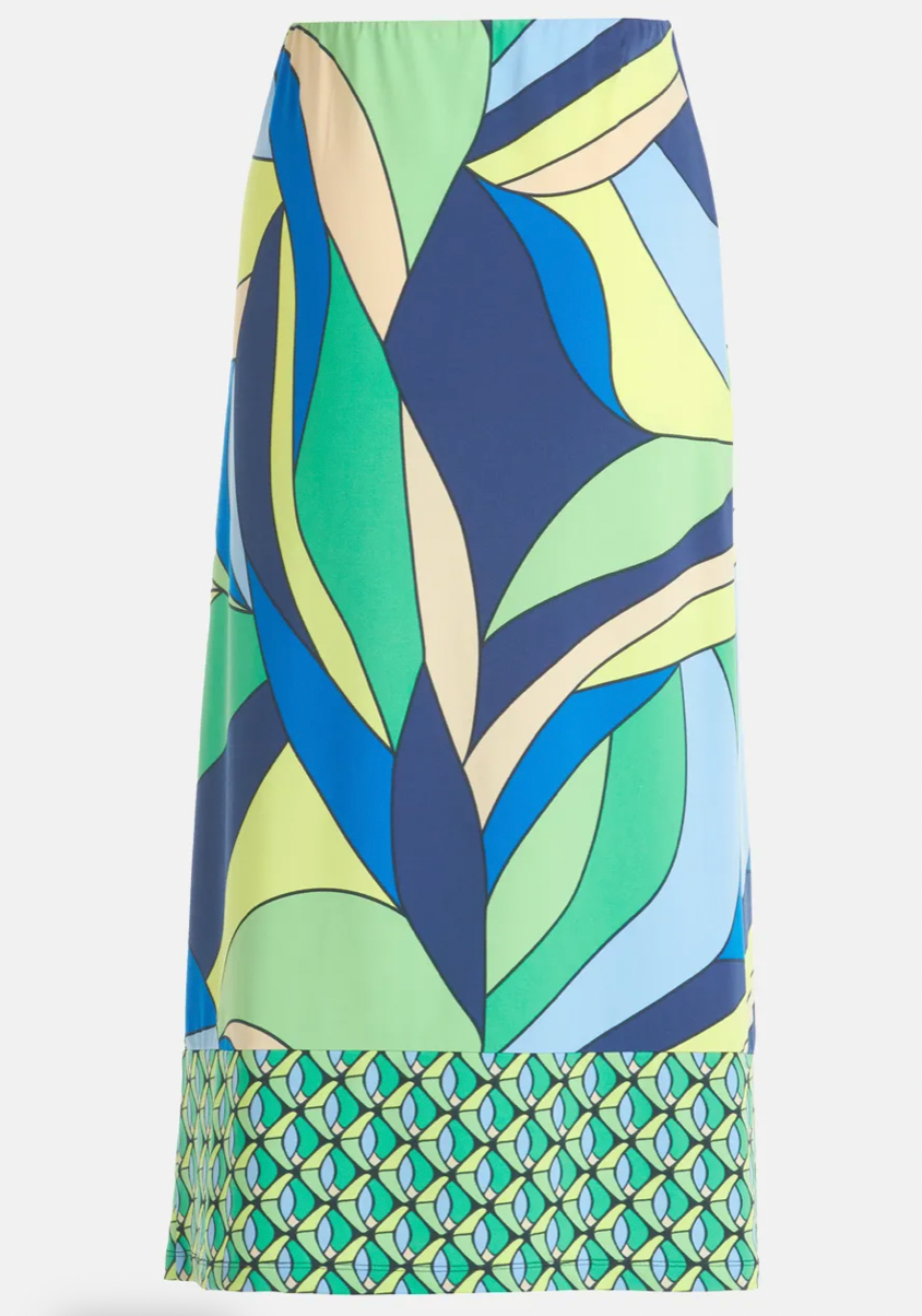 Blue & Green Abstract Print Skirt With Tie
