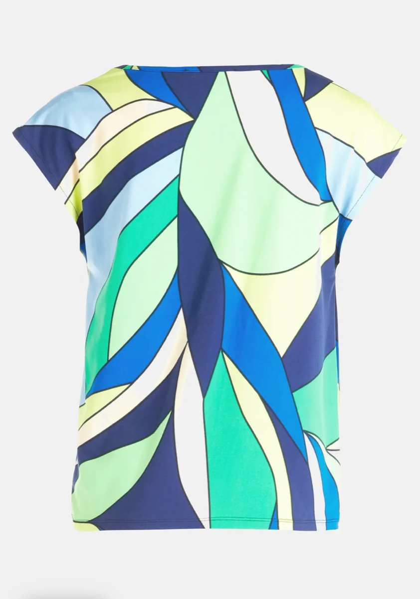 Blue & Green Abstract T-Shirt With Mini V-Neck