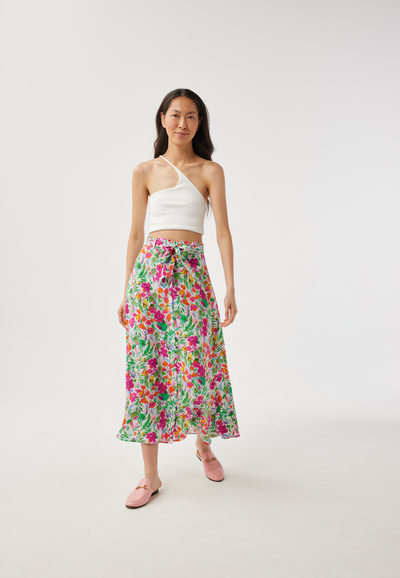 Floral Pattern Skirt With Belt & Button Detailing