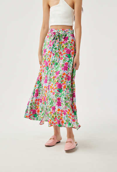 Floral Pattern Skirt With Belt & Button Detailing