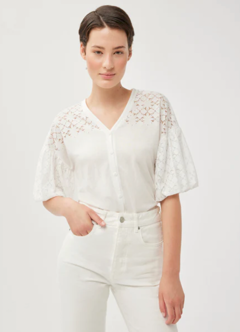 White Button Up Top With Floral Detail Puff Short Sleeve