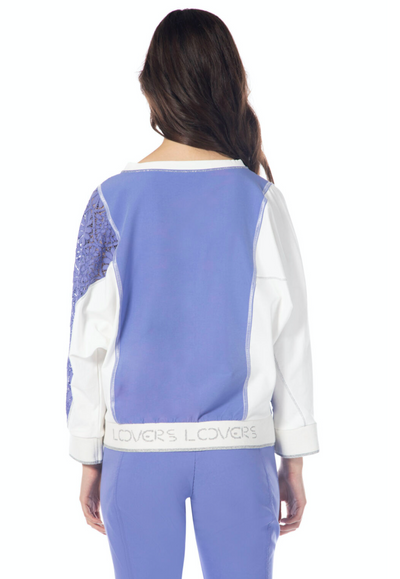 Blue & White V-Neck Sweatshirt With Contrasting Sleeve Detail & Diamante Detailing