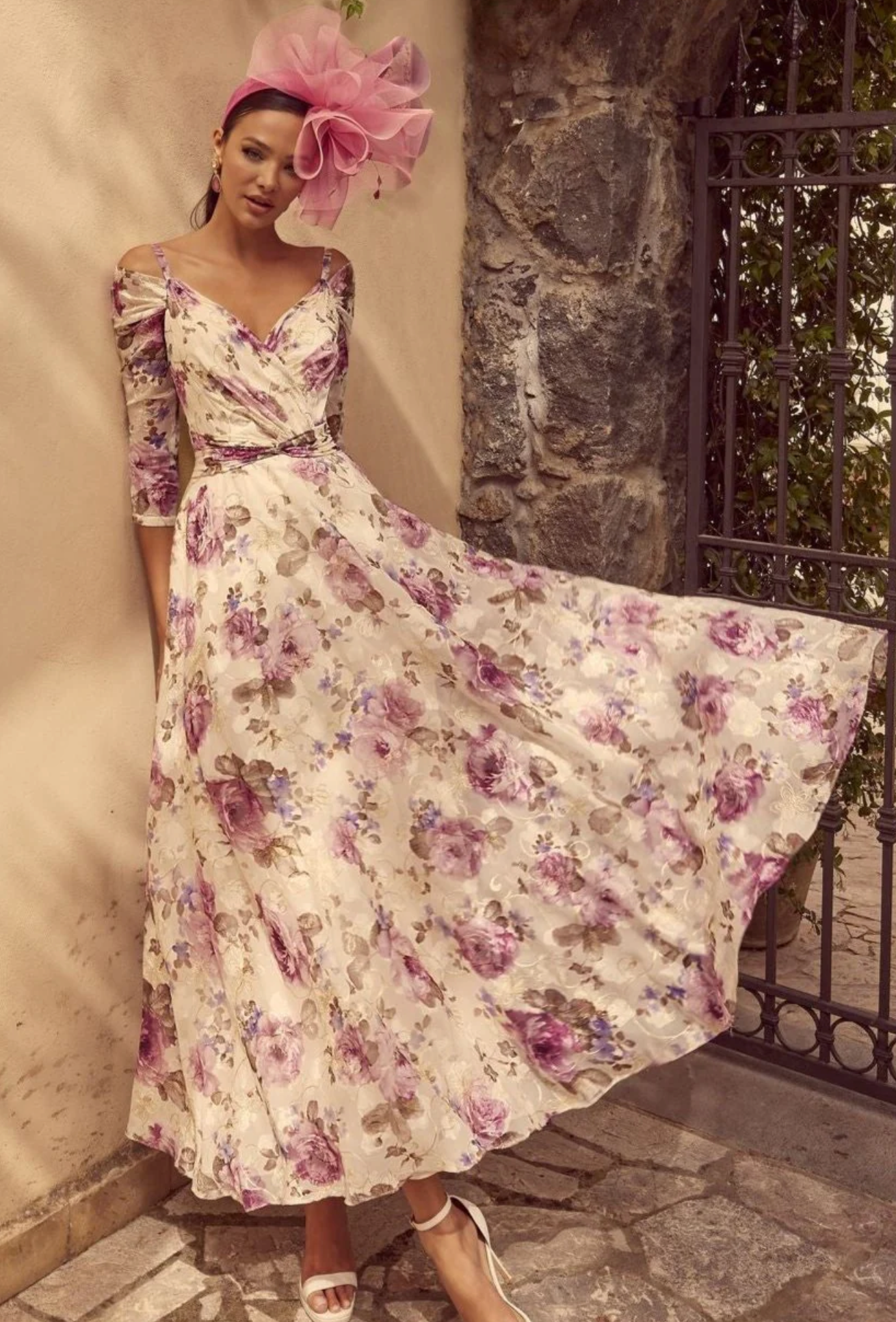 lilac and cream dress Lilac And Cream Floral Print Racer Neck Pleated Midi Dress 16