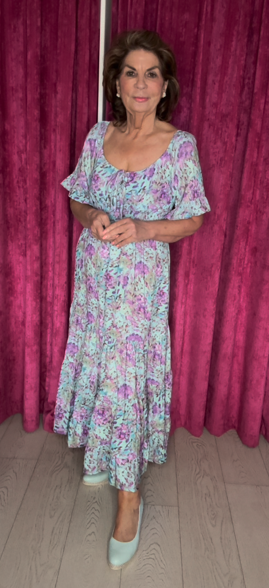 Elodie Purple/Green Maxi Dress With Elasticated Waist La Creme Boutique Elodie Purple/Green Maxi Dress With Elasticated Waist La Creme Boutique
