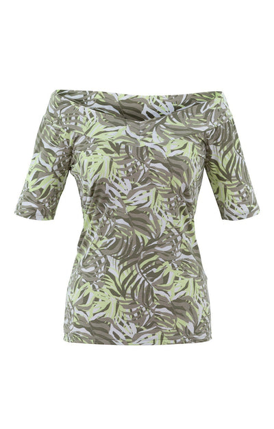 Khaki & Lime Leaf Print V-Neck T-Shirt