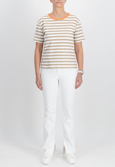 Beige & White Stripe T-Shirt With Orange Trim on Neckline