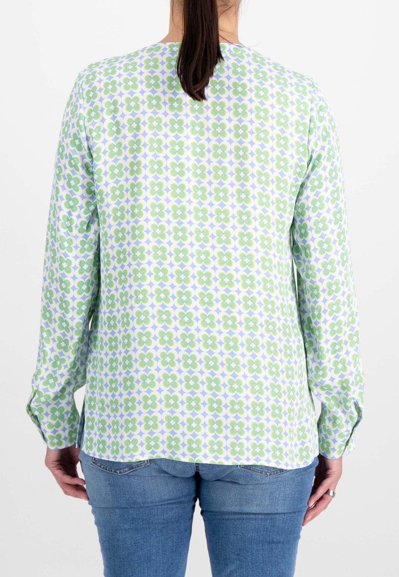 Blue and Green V-Neck Top with Clover Print