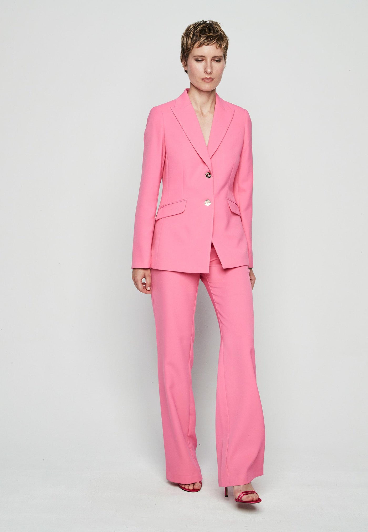 Pink Trouser Suit With Gold Button Detail