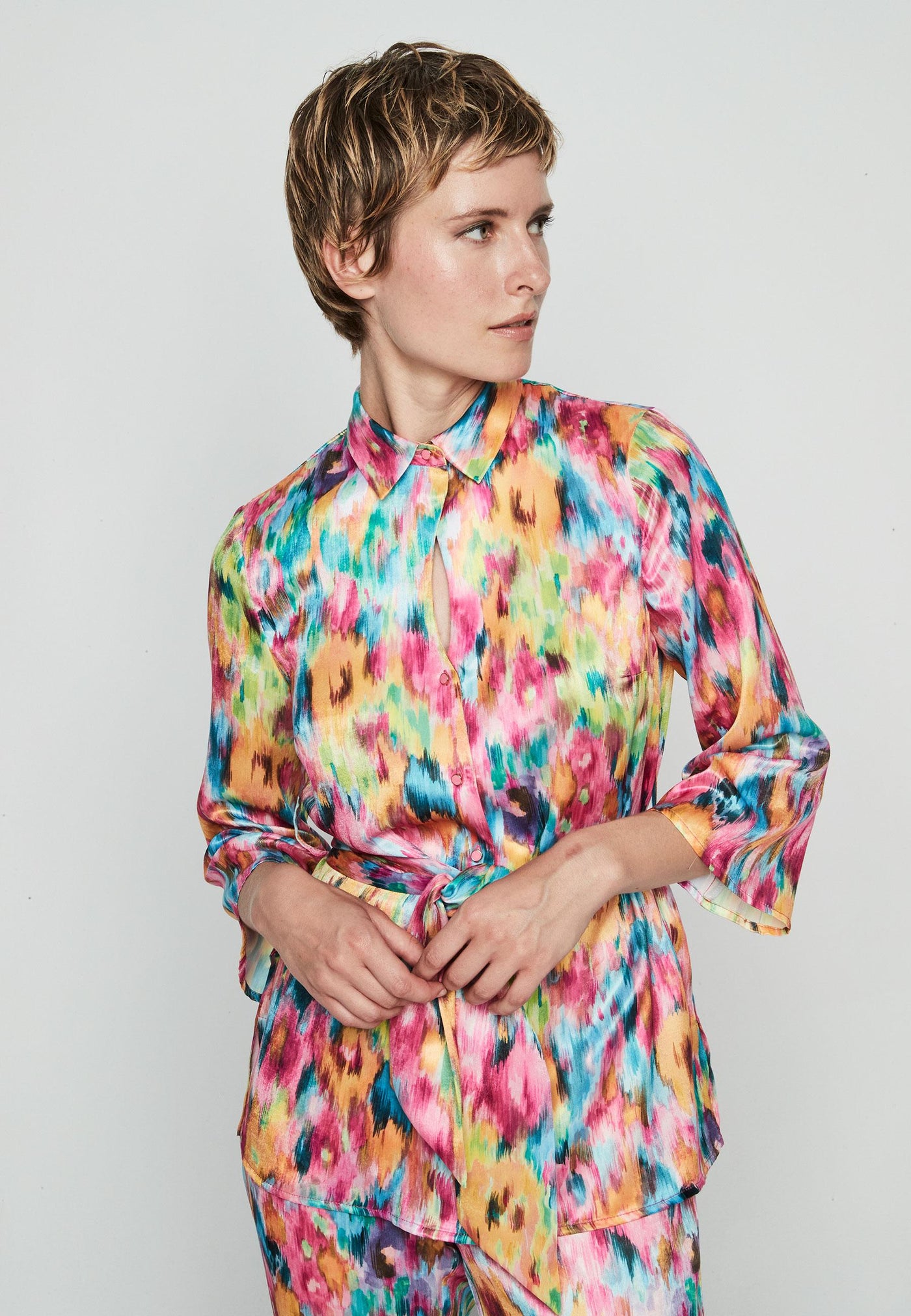 Abstract Print Button Up Shirt With Belt & 3/4 Sleeves