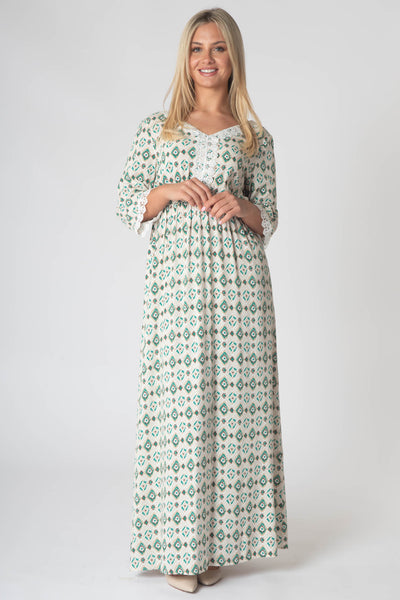 Fleur Maxi Dress With Lace V-Neck Detailing - Green & Brown