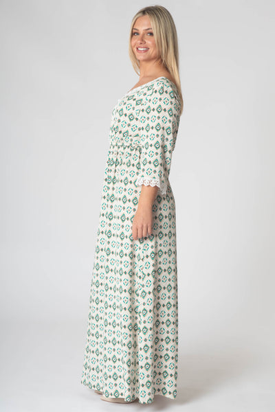 Fleur Maxi Dress With Lace V-Neck Detailing - Green & Brown