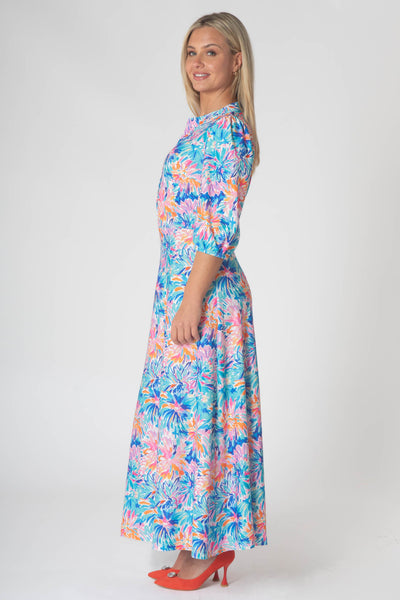 Macy Maxi Dress with Mini V-neck & Buttons - Blue Floral