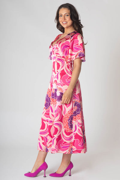 Caprice V-neck Dress with Empire Waist and Loose Half Sleeves - Pink