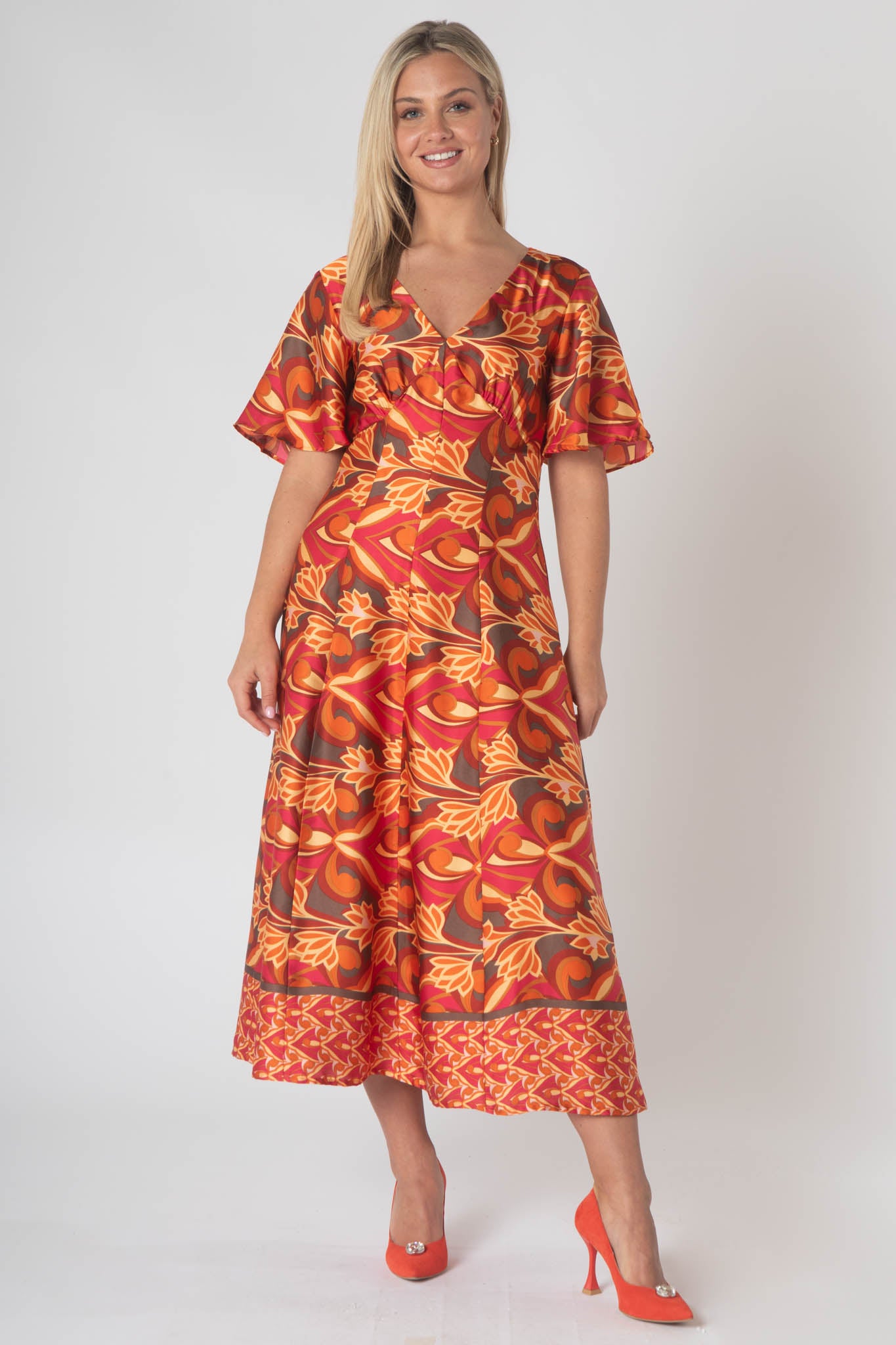 Caprice V-neck Dress with Empire Waist and Loose Half Sleeves