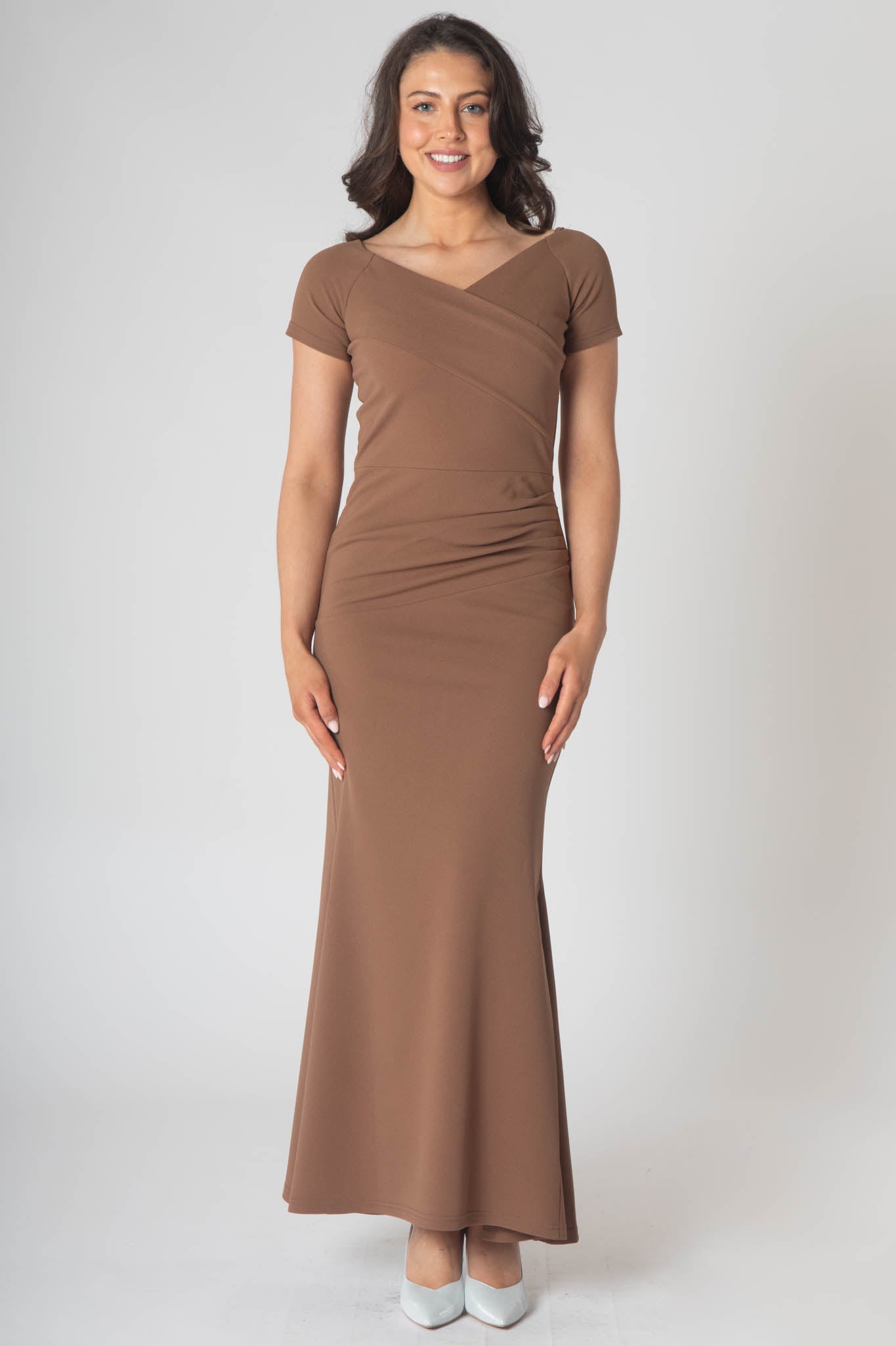 Pleated Shoulder Maxi Dress with Embellished Waist - Brown main image 0