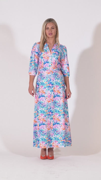 Macy Maxi Dress with Mini V-neck & Buttons - Blue Floral