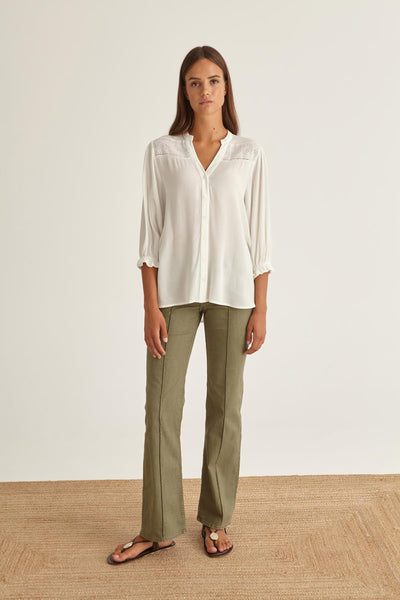 White V-Neck High-Low Shirt With Elasticated Sleeves