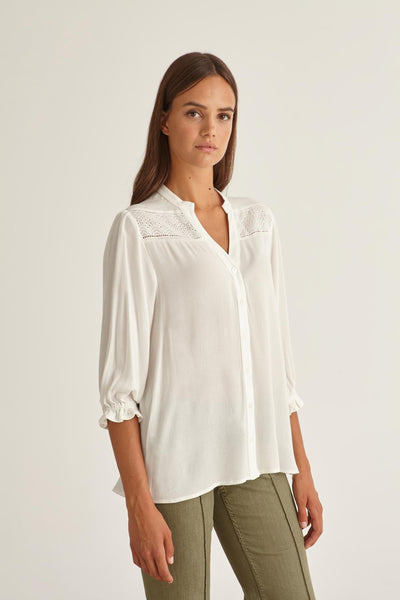 White V-Neck High-Low Shirt With Elasticated Sleeves
