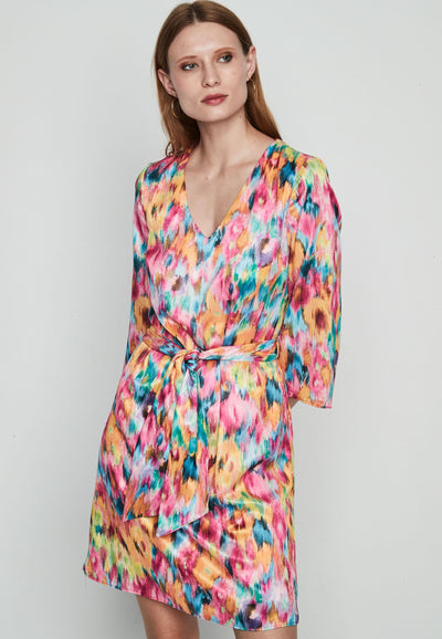 Abstract Print V-Neck Dress With Belt & 3/4 Sleeves
