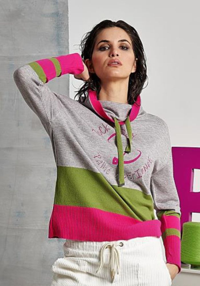 Grey Cowl Neck Jumper with Fuschia and Green Diamante Detail