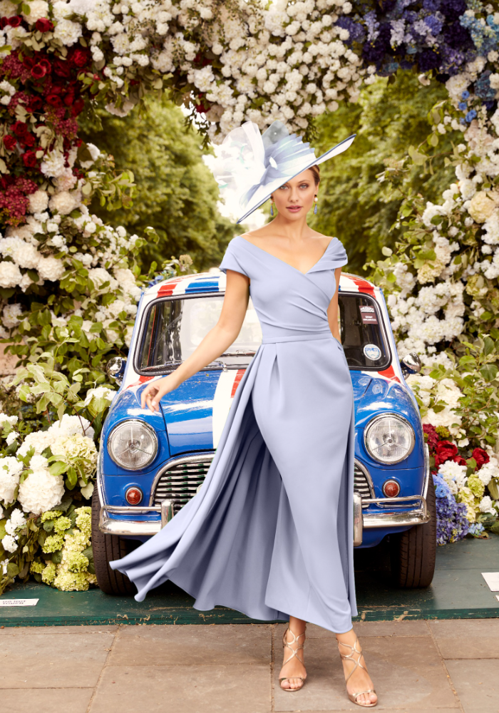 Pale Blue VNeck Dress with Draped Back La Creme Boutique