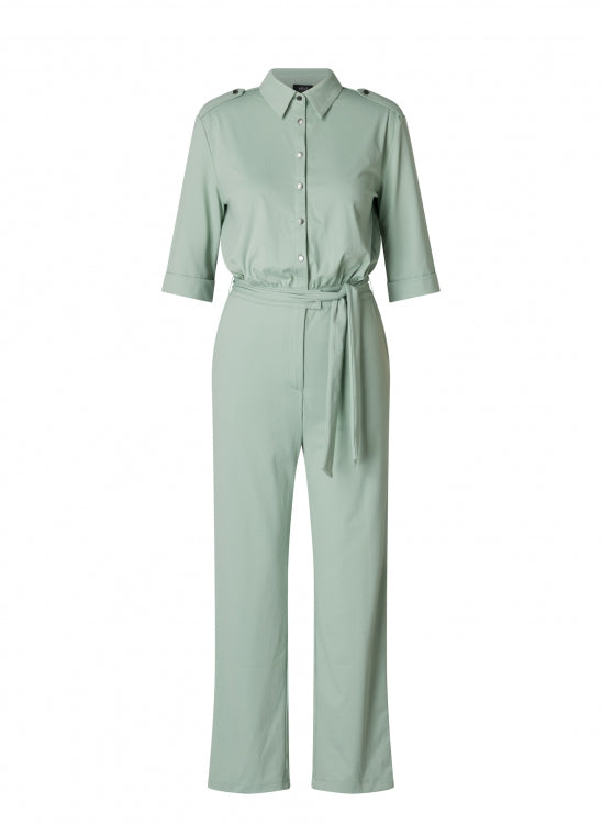 Sage Green Jumpsuit with Belt and Silver Button Detail