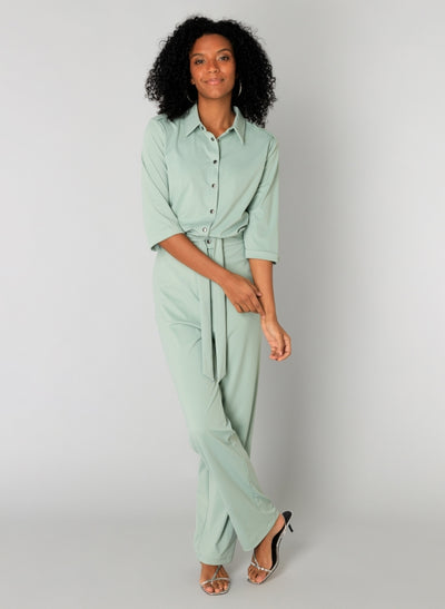 Sage Green Jumpsuit with Belt and Silver Button Detail