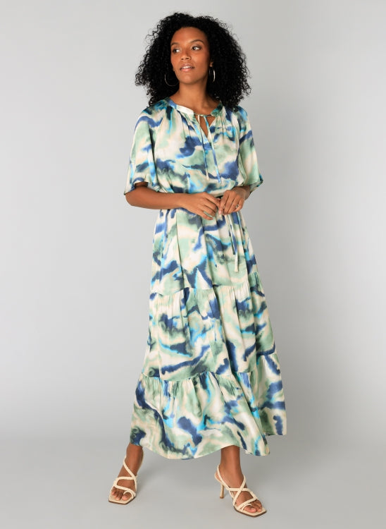 Dark Sage and Blue Maxi Dress with Tie Detail