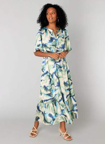 Dark Sage and Blue Maxi Dress with Tie Detail