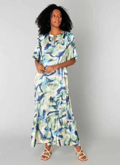 Dark Sage and Blue Maxi Dress with Tie Detail