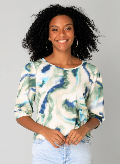 Sage Green and Blue Round Neck Top with 1/2 Sleeve