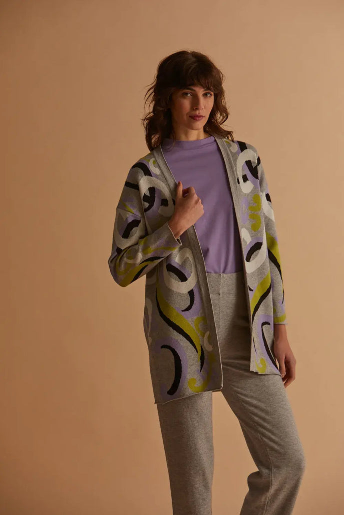 Grey Soft Knit Cardigan with Abstract Print