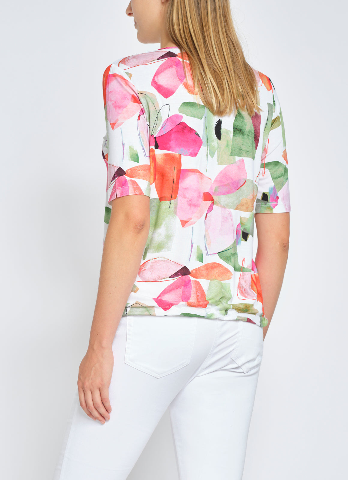 Abstract Print T-shirt with round neck and hem tie