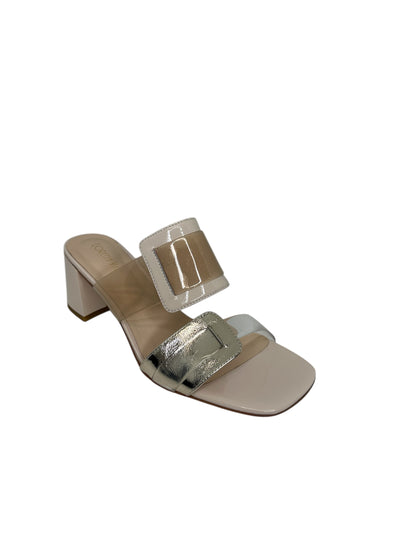 Nude Sandals with Block Heel and Gold Detail