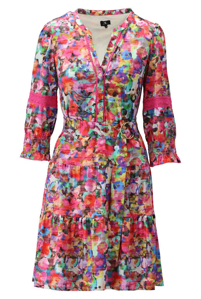 Multicoloured Short Dress With Lace Detail & Elasticated Sleeves