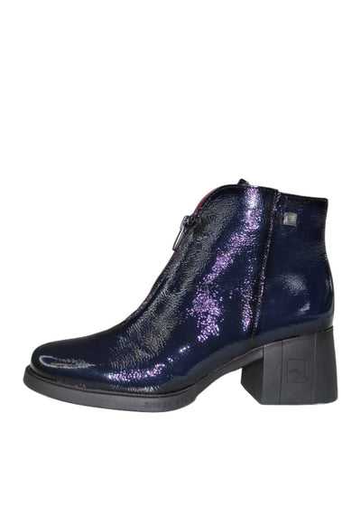 Navy Patent Block Heel Boot With Zip