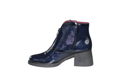 Navy Patent Block Heel Boot With Zip