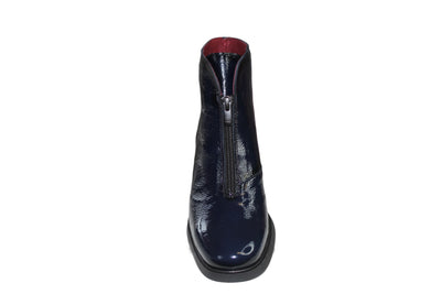 Navy Patent Block Heel Boot With Zip