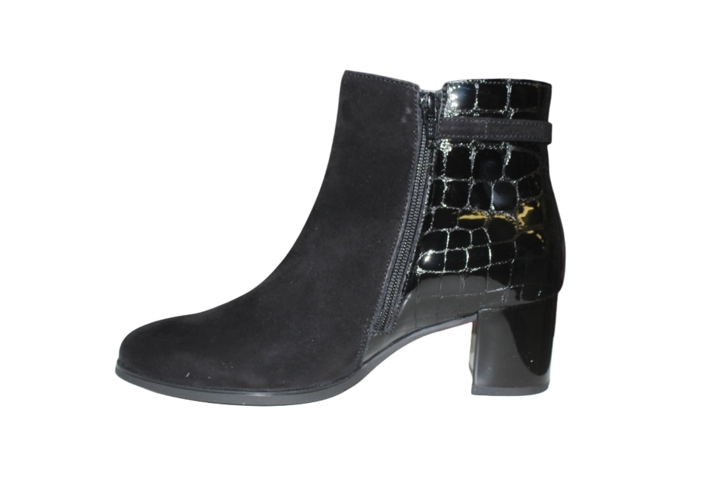 Croc-Accent Suede Ankle Boots with Block Heel